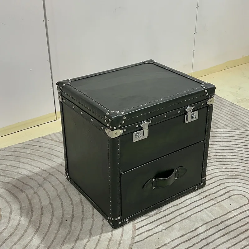 

American coffee table bedside table retro leather case locker square table storage solid wood