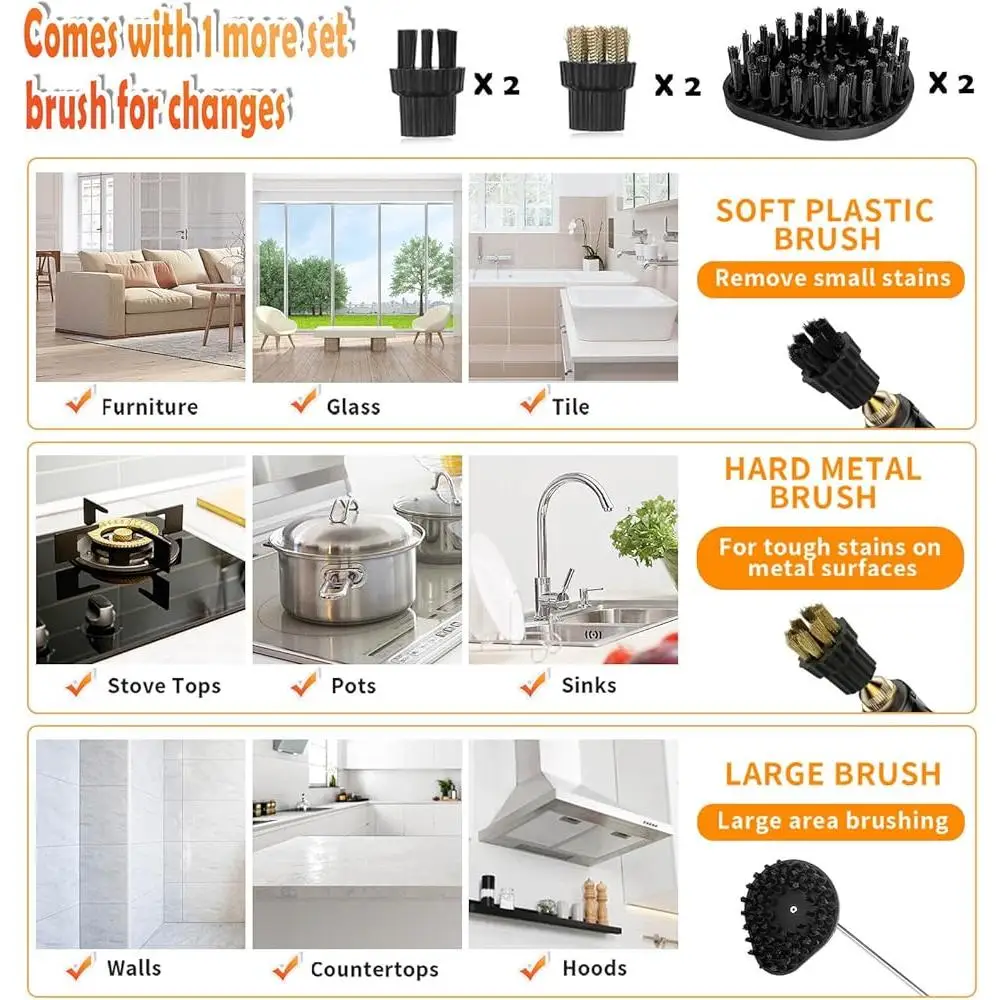 منظف بخار محمول باليد بقوة 2500 وات، تسخين سريع، منظف تنجيد 15 ثانية مع 5 فرش وقضيب ممتد