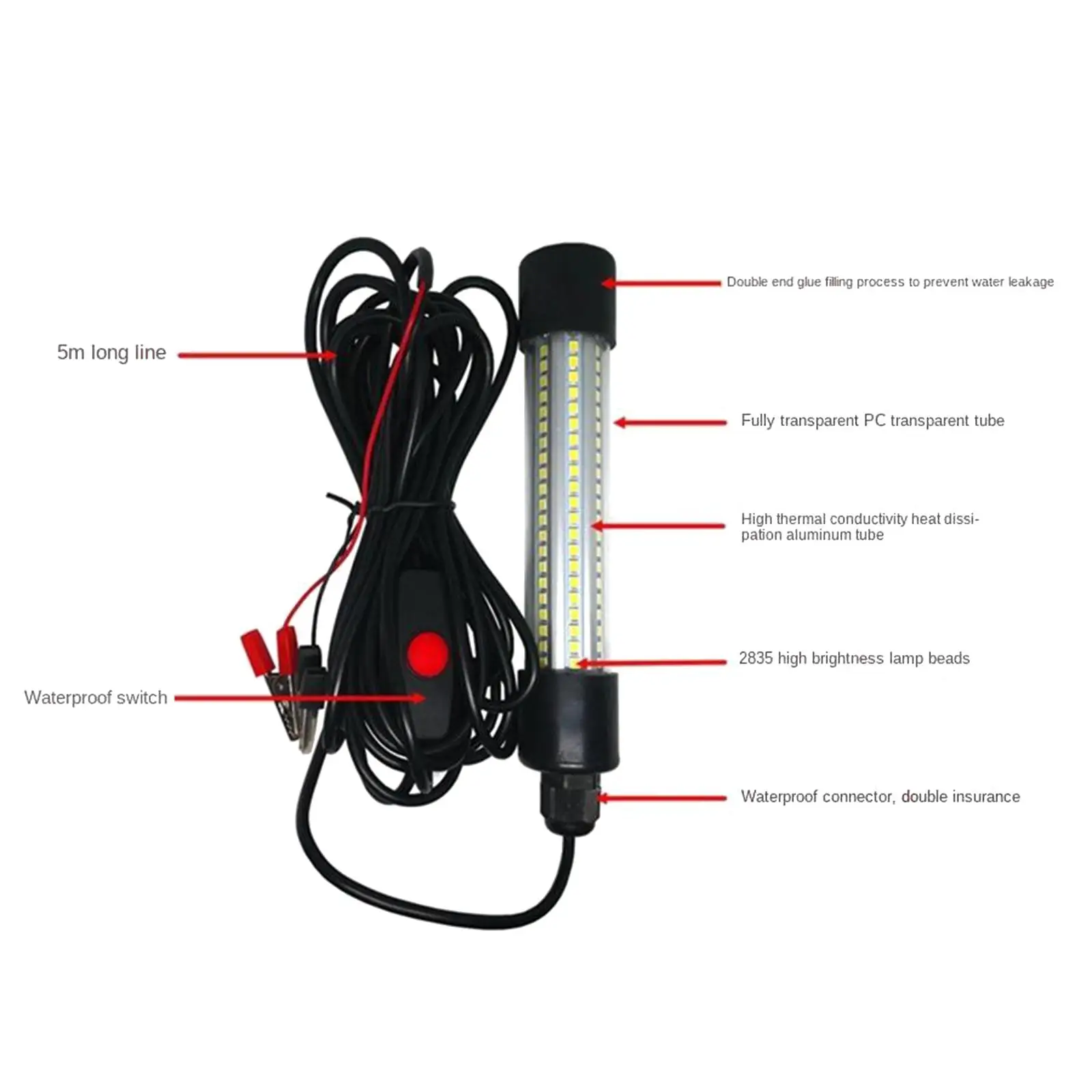 12V LED Underwater Fishing Light Submersible Squid Crappie Lure Lamp W/ 6m Cord