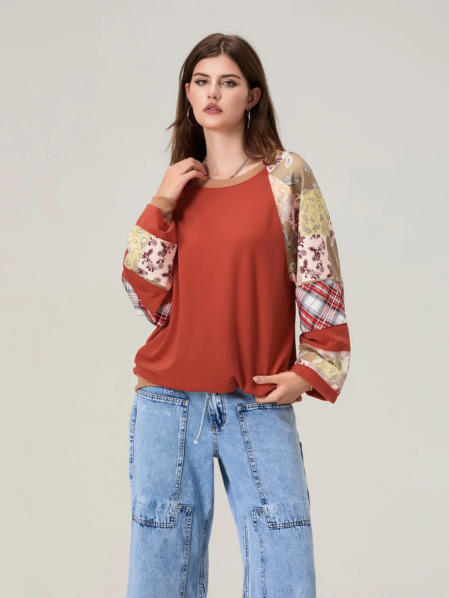 Women'S   Autumn Streetwear Casual Printed Patchwork Sweatshirt  Loose Contrasting Printed Round Neck Long Sleeved Pullover