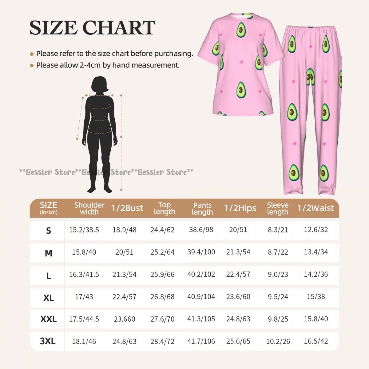 Women Pajama Sets Lounge Sleepwear Cute Avocado And Hearts Short Sleeve Nightwear 6