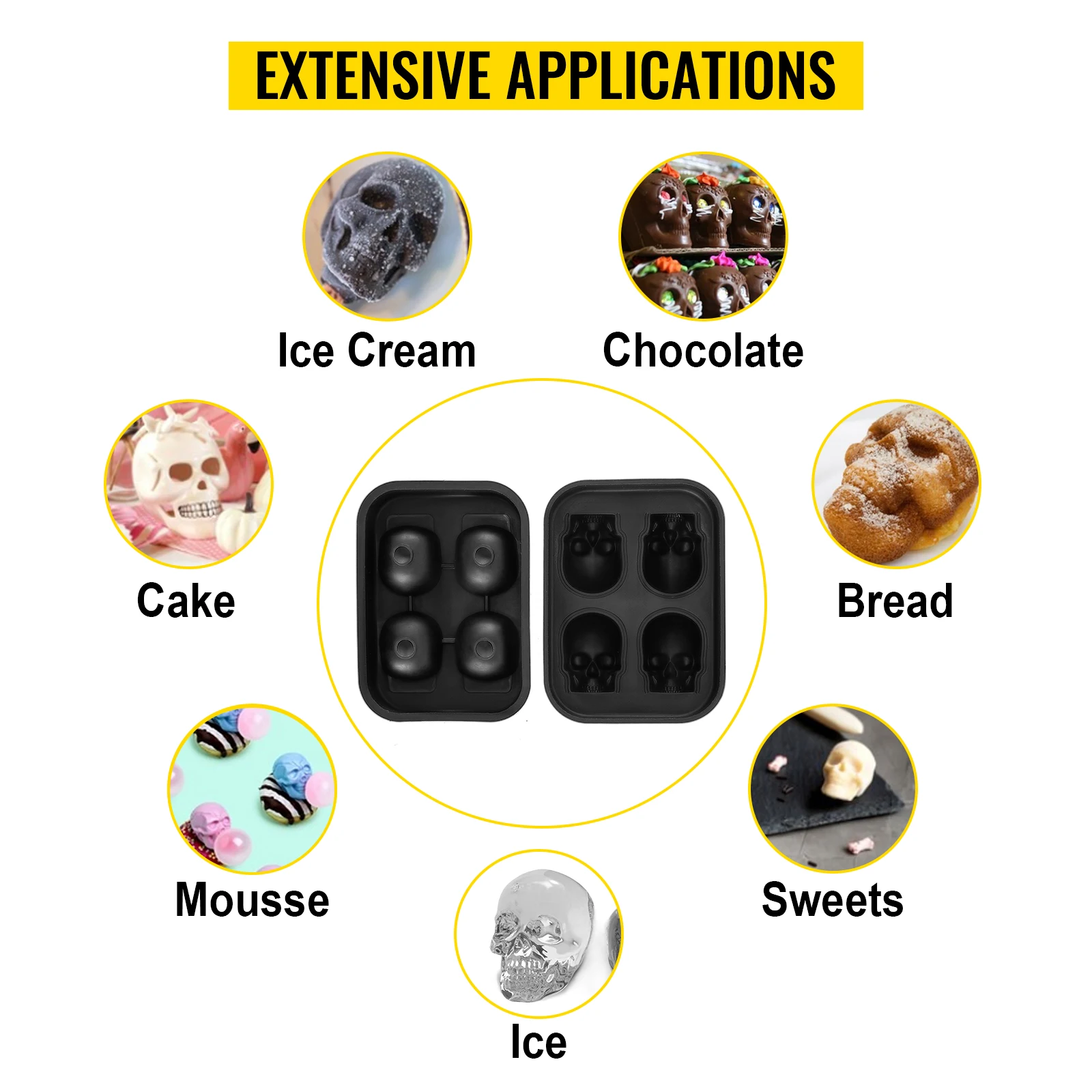 Vevor ice cube maker silicone preto 4/6 grade 3d crânio forma bandeja casa barra de festa legal uísque bebida gelo bola molde diy ferramenta