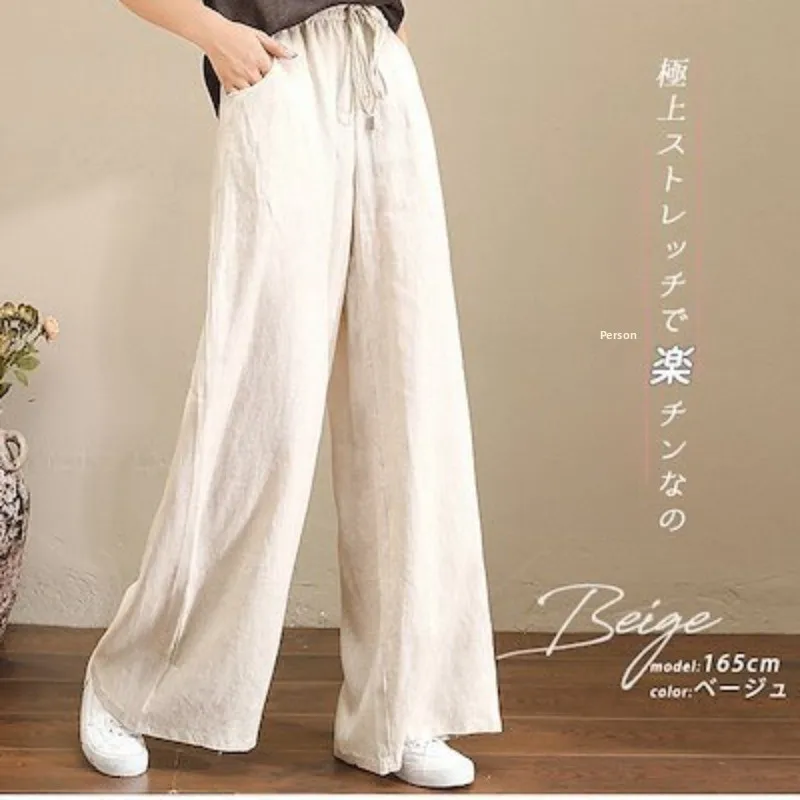 Loose Wide-leg Lady Pants Mid-rise Straight-leg Long Pants Girls Spring Summer Linen Women's Daily Pants Drawstring Solid Color