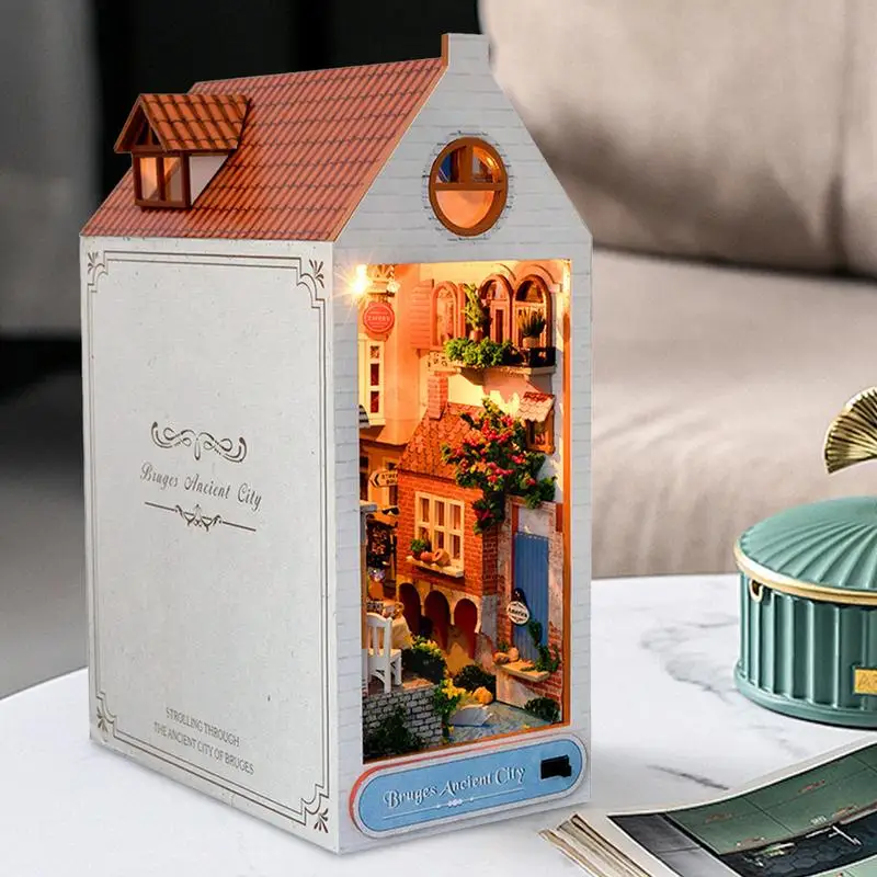 Kit de cabina en miniatura, sujetalibros de madera con luces LED, decoración artesanal con sentido artístico para sala de estudio, habitación de niños, dormitorio y sala de estar