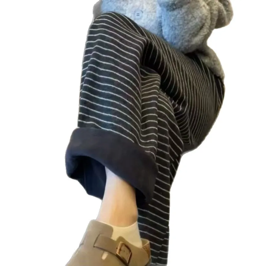Damenhose, Damenhose, gestreifte Freizeithose mit weitem Bein, Y2K-lose Hose, elastische Damenhose, Winterhose