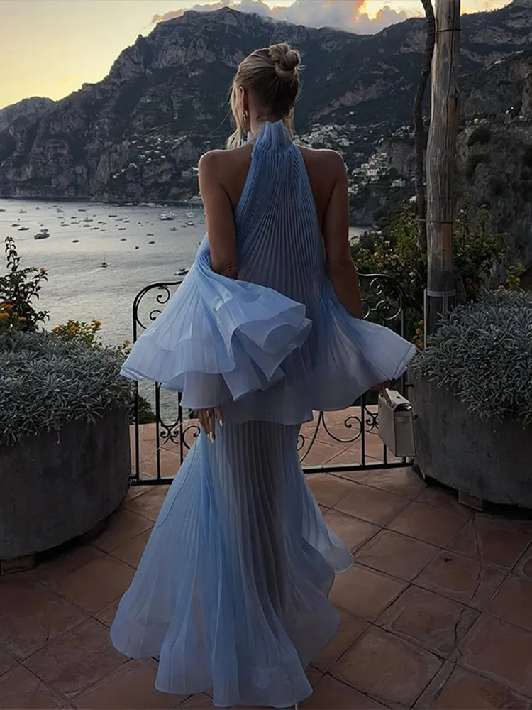 

Элегантный комплект с рюшами: топ и юбка, женский, светло-голубой, плиссированный, без рукавов, на шнуровке, свободный крой, длинная юбка, летний наряд 2026