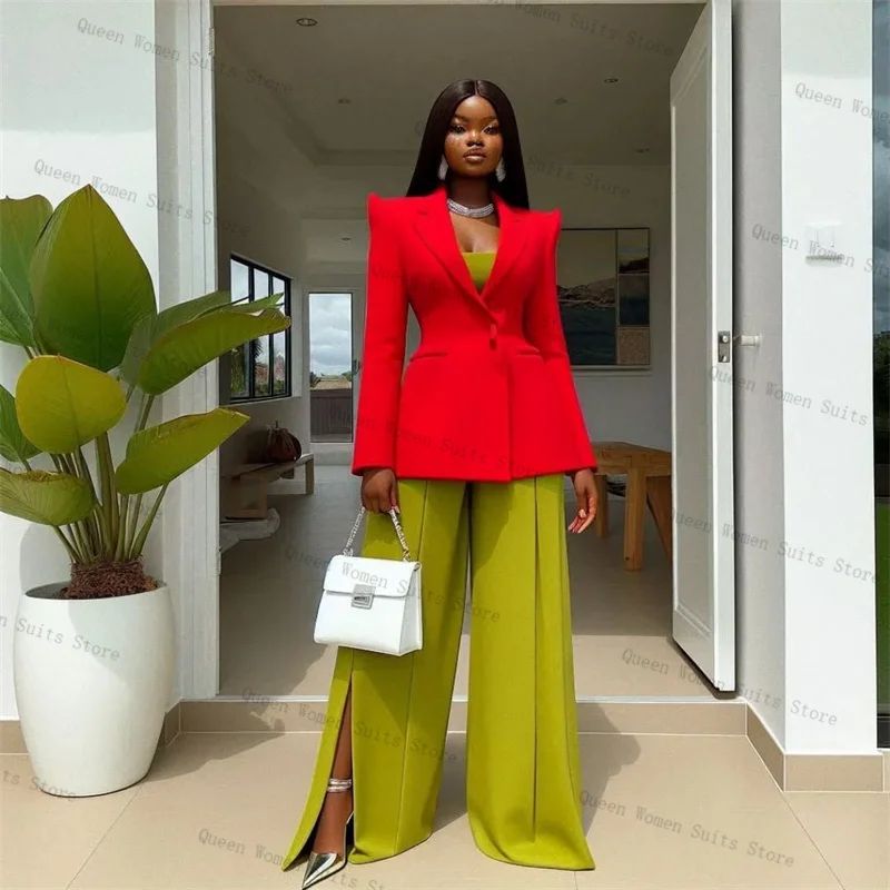 

Red Green Women Suit Set 2 Piece Blazer Pants Trouser Graduation Formal Office Lady Jacket Cotton Wedding Bride Coat Customized