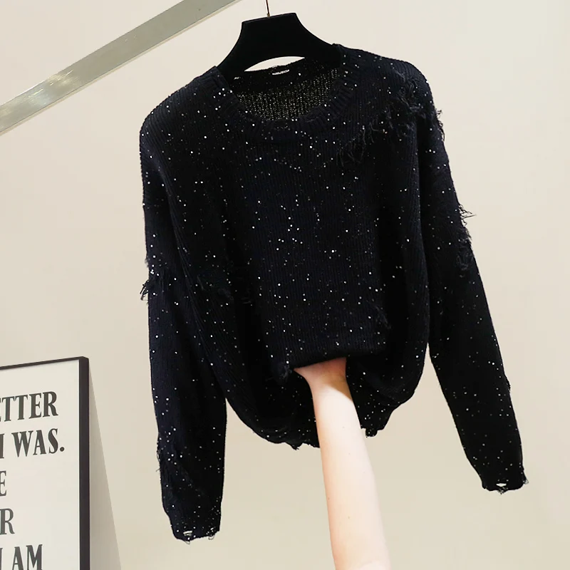 

Faionable Heavyweight Sequin Decorated Mixed Knit round Ne Loose Top Warm Long Sve Commute Sle Autumn Sweater