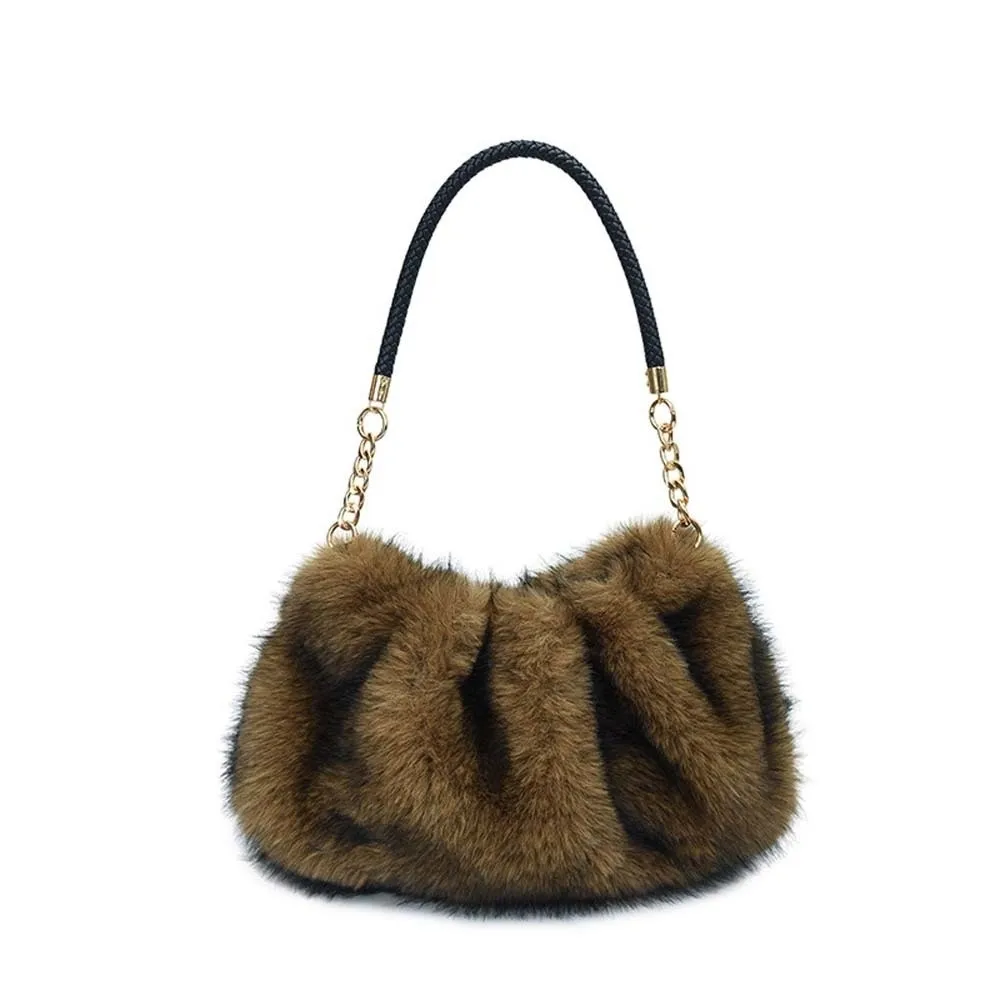 Large Capacity Fluffy Shoulder Bag Soft Texture Ruched Furry Tote Luxury Style Solid Color Faux Fur Purse Office Lady