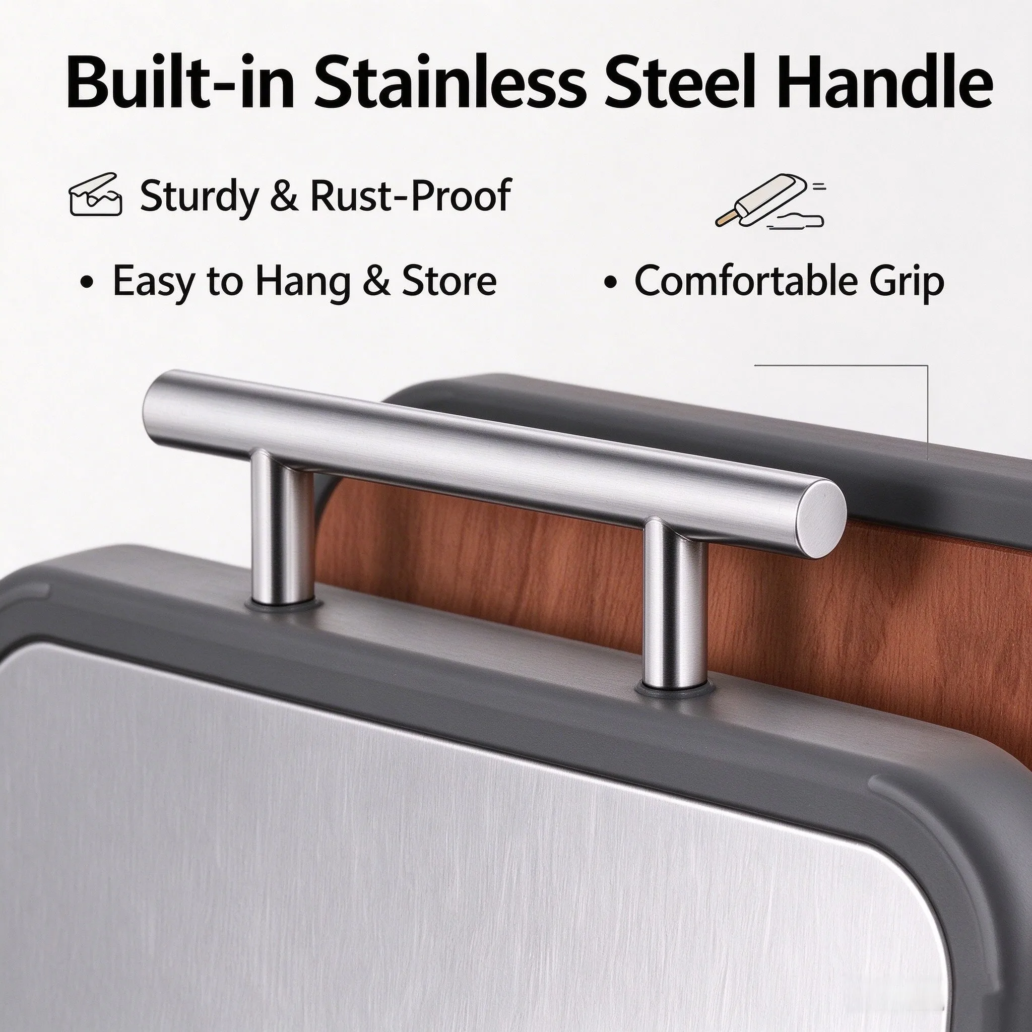 Double Sided Cutting Board, Stainless Steel & Wood Grain Kitchen Chopping Board with Metal Hanging Handle