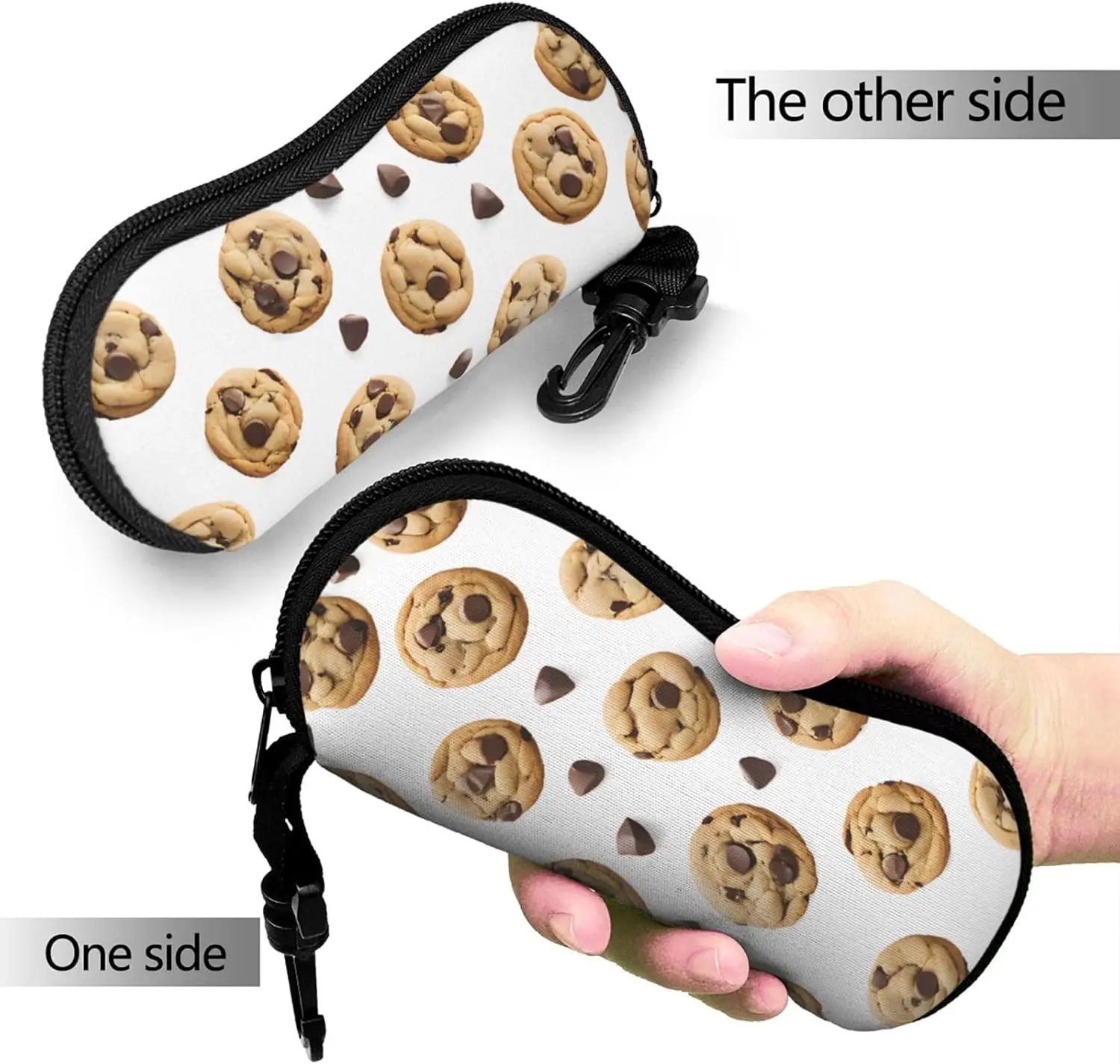 Chocolate Chip Biscuits Printed Portable Neoprene Travel Glasses Eyeglasses Sunglasses Case Pouch Bag with Clip Zipper Decor