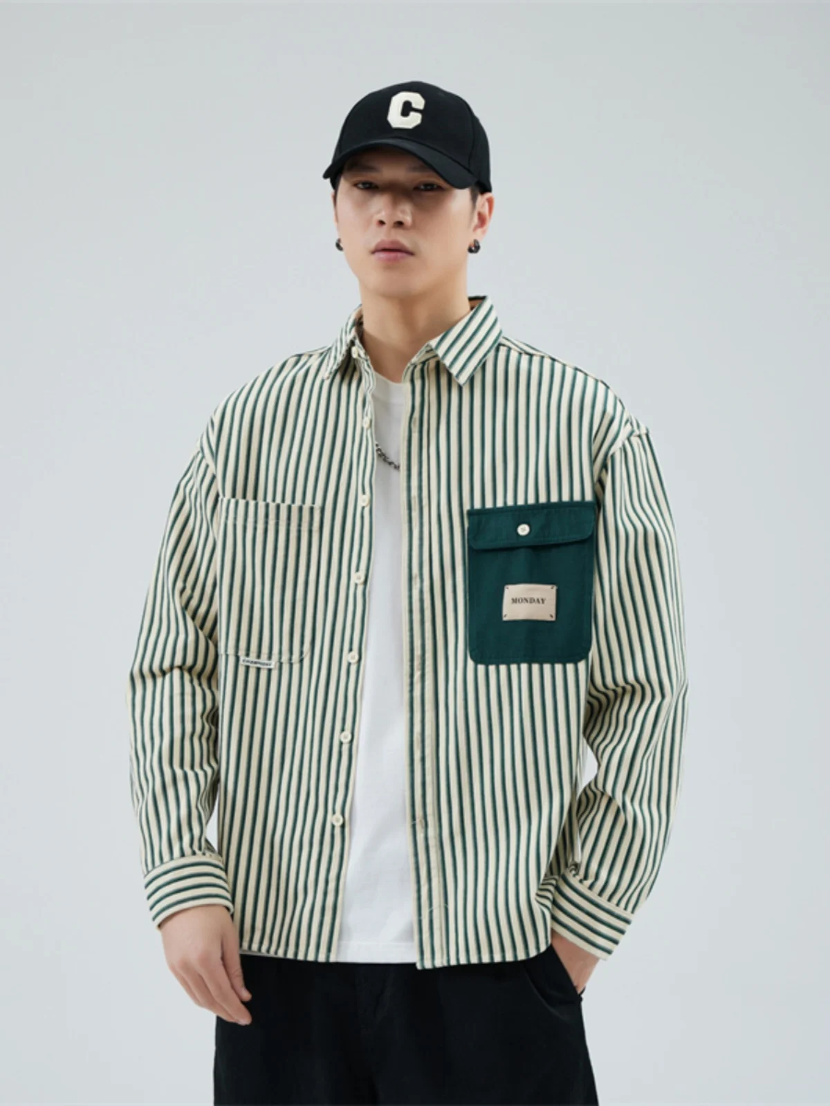 

Pure Cotton Striped Casual irt Men's Color Blo Long Sve Loose Fit Large Size Workwear Top Trendy Autumn Wear