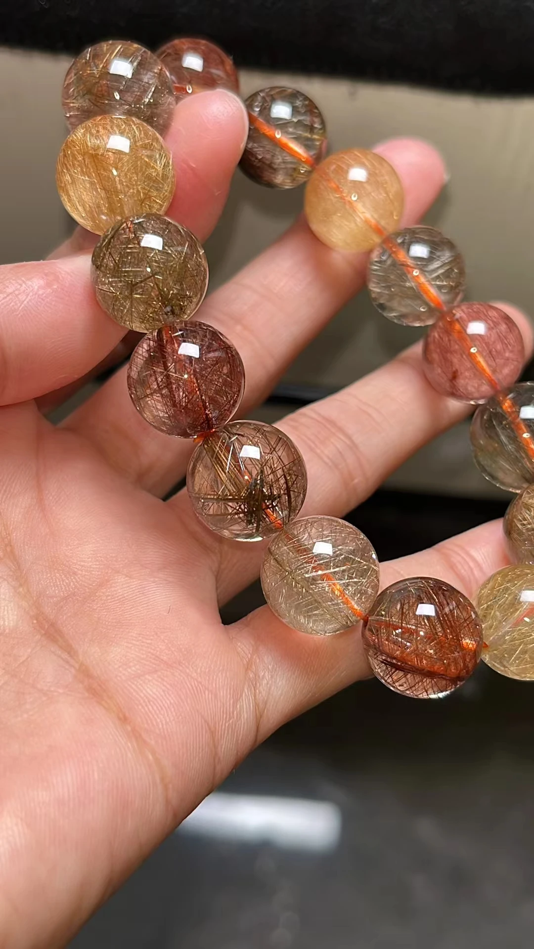 Natural Colorful Rutilated Quartz Bracelet 14mm Gold Copper Rutilated Clear Round Women Bracelet AAAAAA