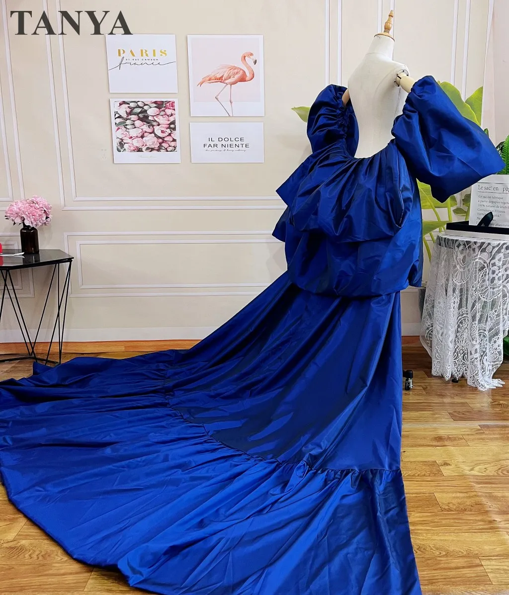 Royal BlueTaffeta Fashion Cape Tiered Back Puffy Sleeves Long Jacket Brides Wraps 2M Length Cover Up Bridal Cloak Accessories