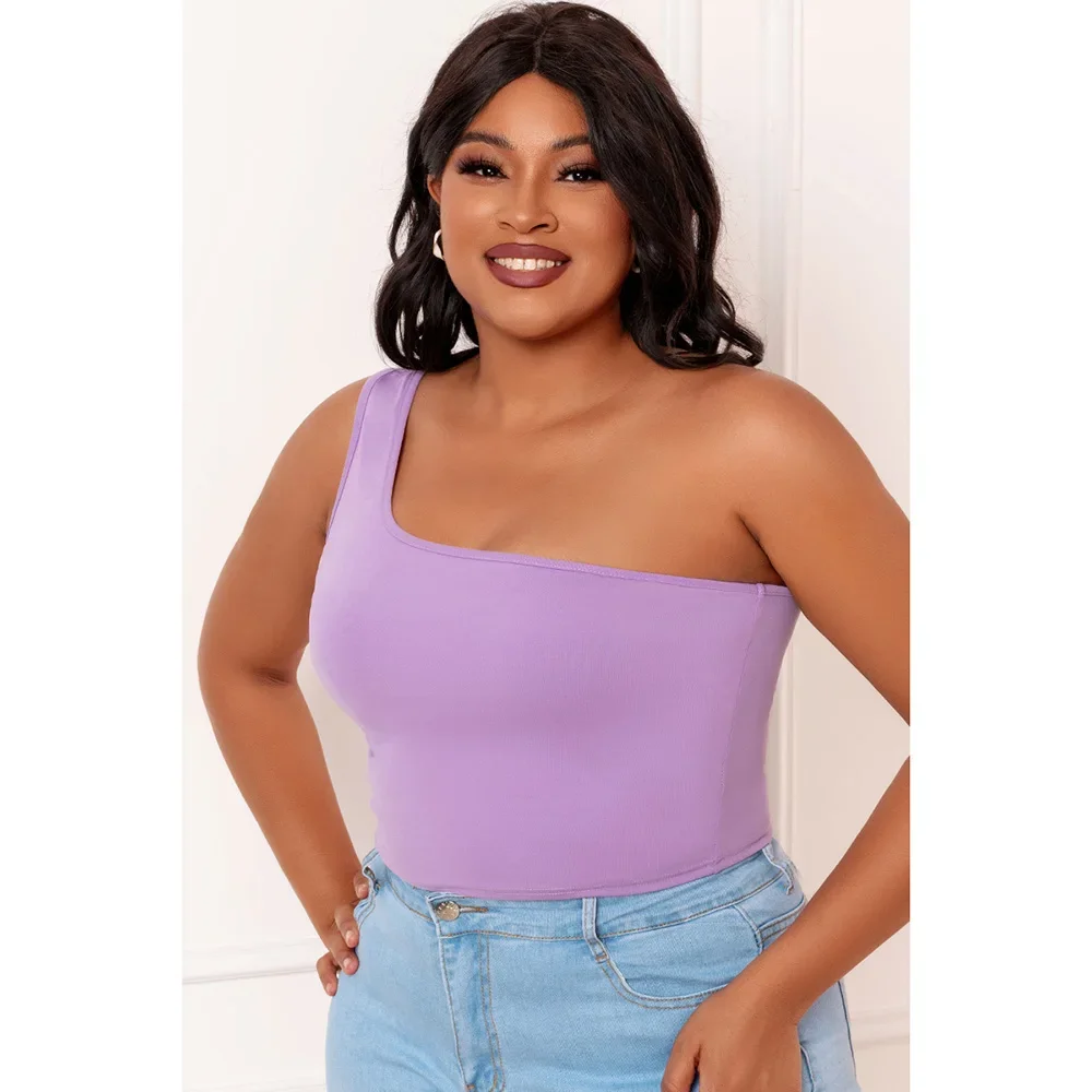 Plus Size Purple Casual One Shoulder Sleeveless Tank Top