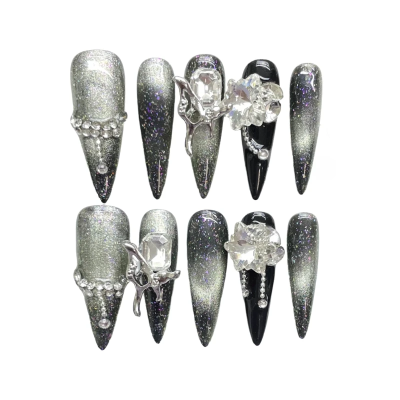 10 pezzi scuro lolita fatta a mano stampa sulle unghie di lusso francese gradiente gatto occhio scintilla unghie false rimovibili riutilizzabili