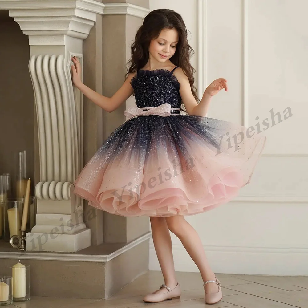 Gradient Glitter Flower Girl Dress Spaghetti Straps Puffy Kids Birthday Party Dresses Mini First Communion Gown for Christmas