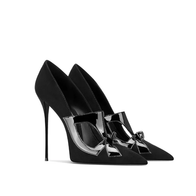 

Women Black Genuine Leather High Heels Pointed Toe Bow Dress Shoes Spring