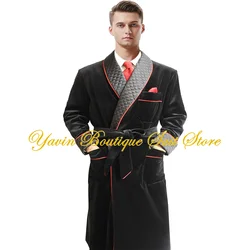 Men's Long Velvet Smoking Jacket with Belt Shawl Lapel Smoking Robe Quilted Dressing Gown