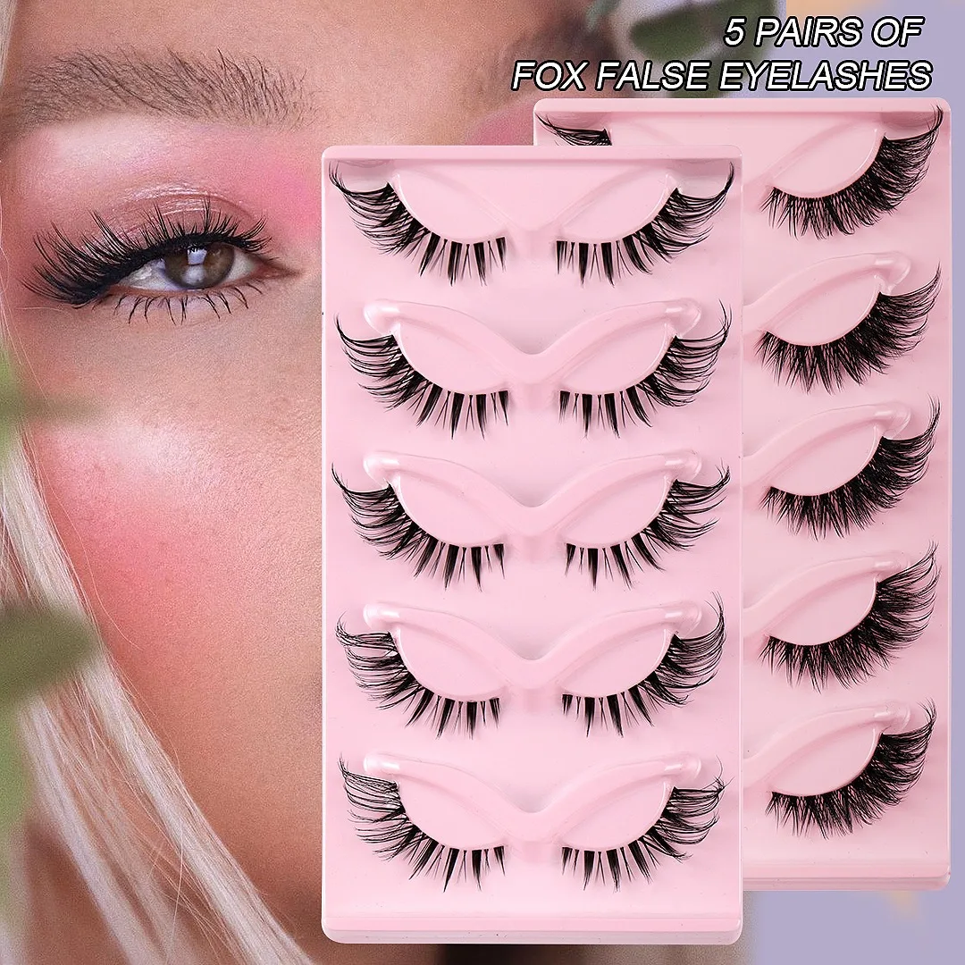 

​5 Pairs Fox Eye False Eyelashes with Clear Flexible Band - Tail-Lengthening Reusable Lashes, Natural to Dramatic for Daily