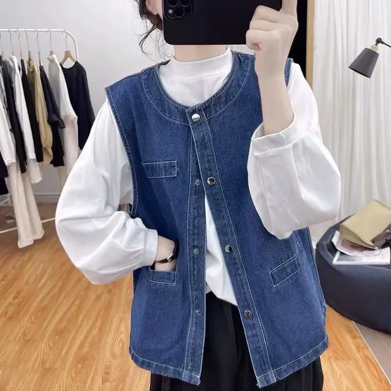

Осенний джинсовый жилет с круглым вырезом, Женский Свободный Топ в корейском ретро-стиле, универсальная майка, куртка без рукавов