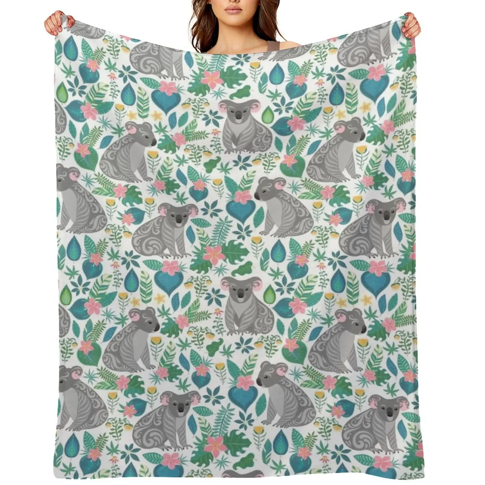 Cute gray koalas with ornaments, tropical flowers and leaves. Seamless tropical pattern. Throw Blanket For Baby Blankets