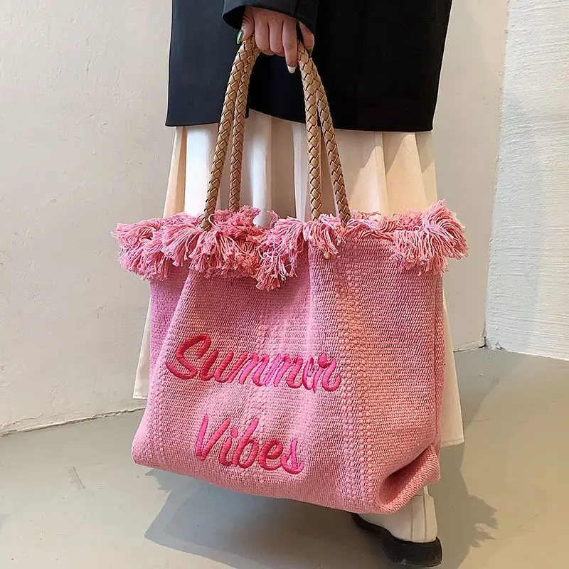 Letter Shopping Bag Designer Tassel Chic Shoulder Underarm Large Capacity Canvas All-match Shopper Daily Woven Pouch Retro