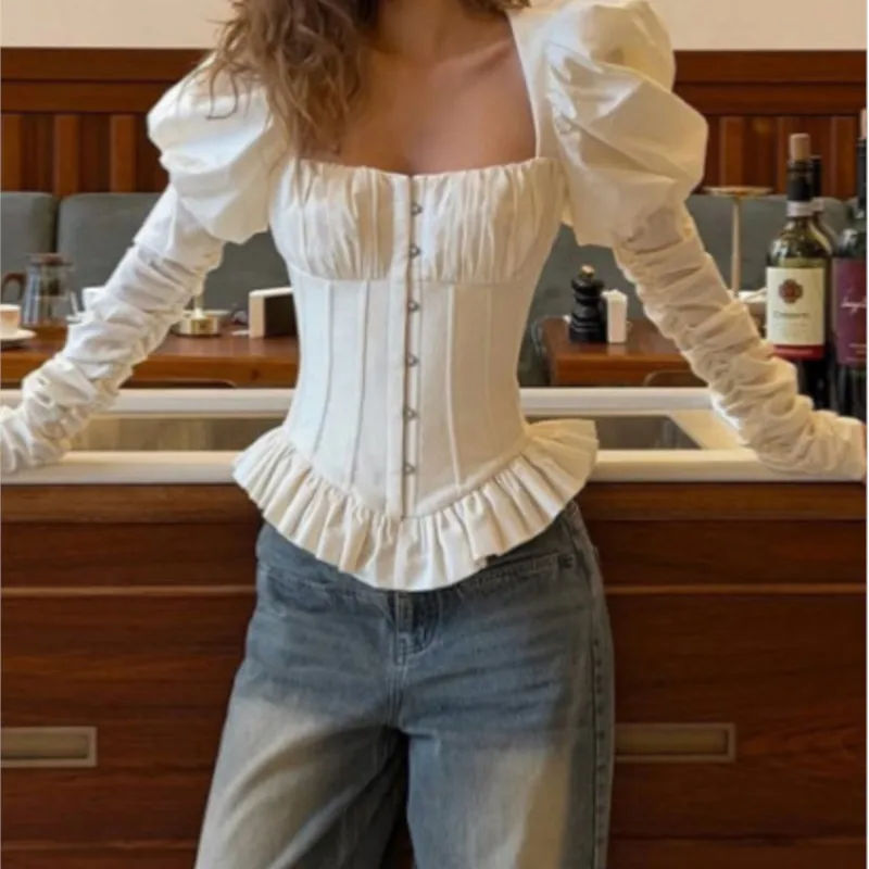 

2026 Women's Vintage Puff Sleeve Square Neck Corset Top Lace Up Backless Ruffle Hem Blouse French Style Slim Fit Crop Shirt