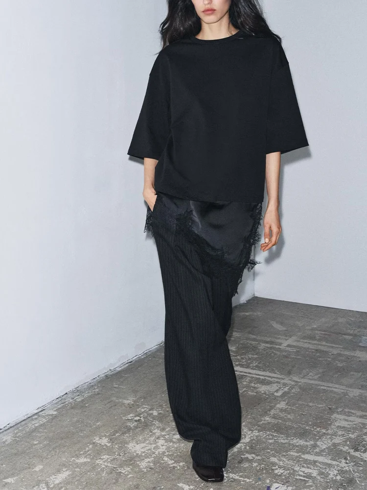 

European and American style winter new arrival women's round neck short-sleeved asymmetrical hem spliced ​​lace T-shirt