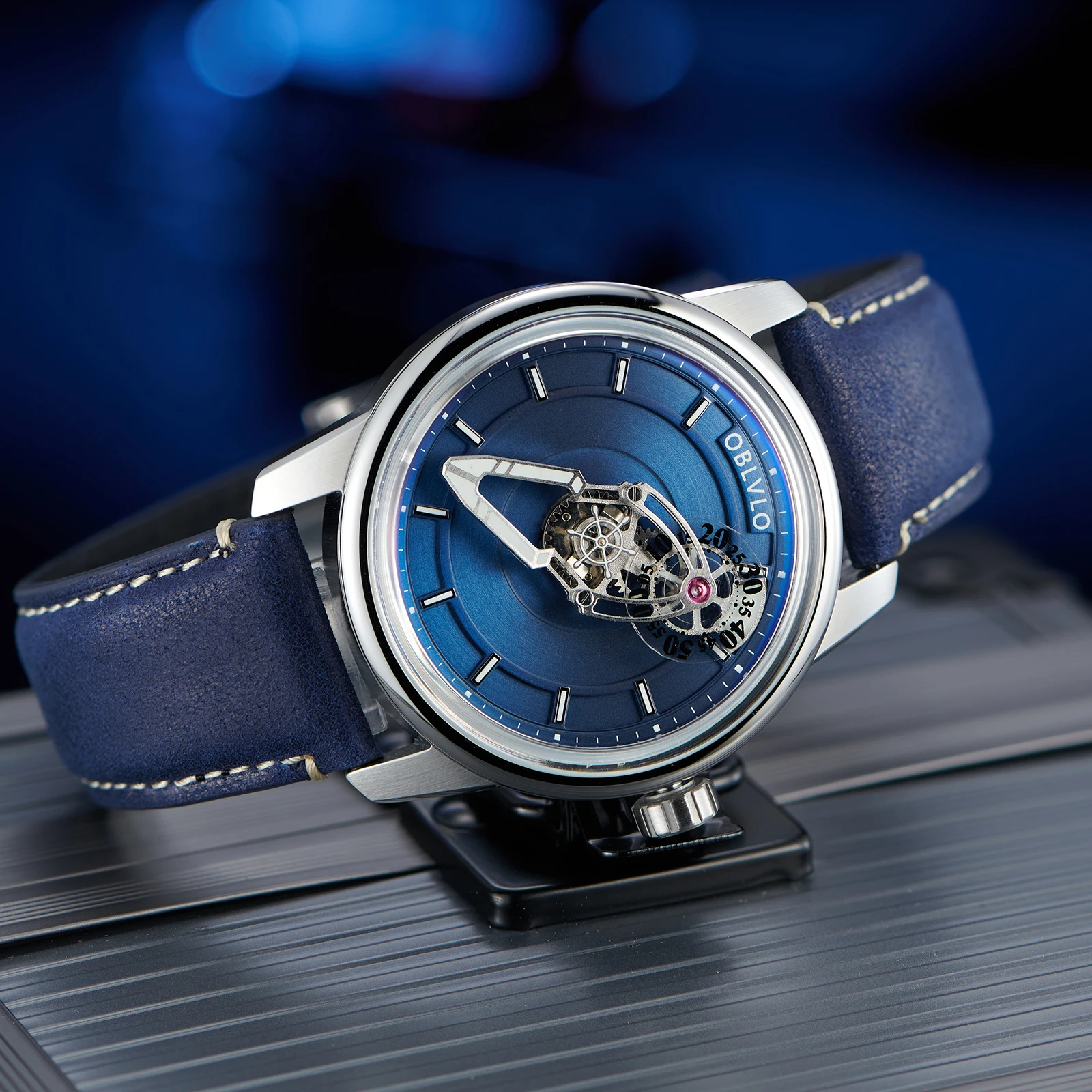 OBLVLO Lightspeed المركبة الفضائية ساعة ميكانيكية للرجال قمة الضوء الأزرق مقاوم للماء حزام من الجلد ساعات أوتوماتيكية Rejos JM-SP