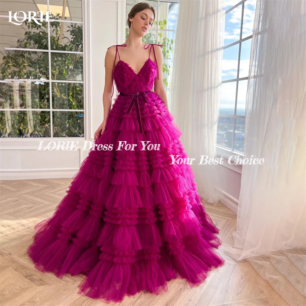 LORIE Drak Abiti da ballo formali rosa Scollo a V Fiocco Cinghie per spaghetti Abito da sera a-line A strati Tulle Ruffles Abiti da festa per ritorno a casa