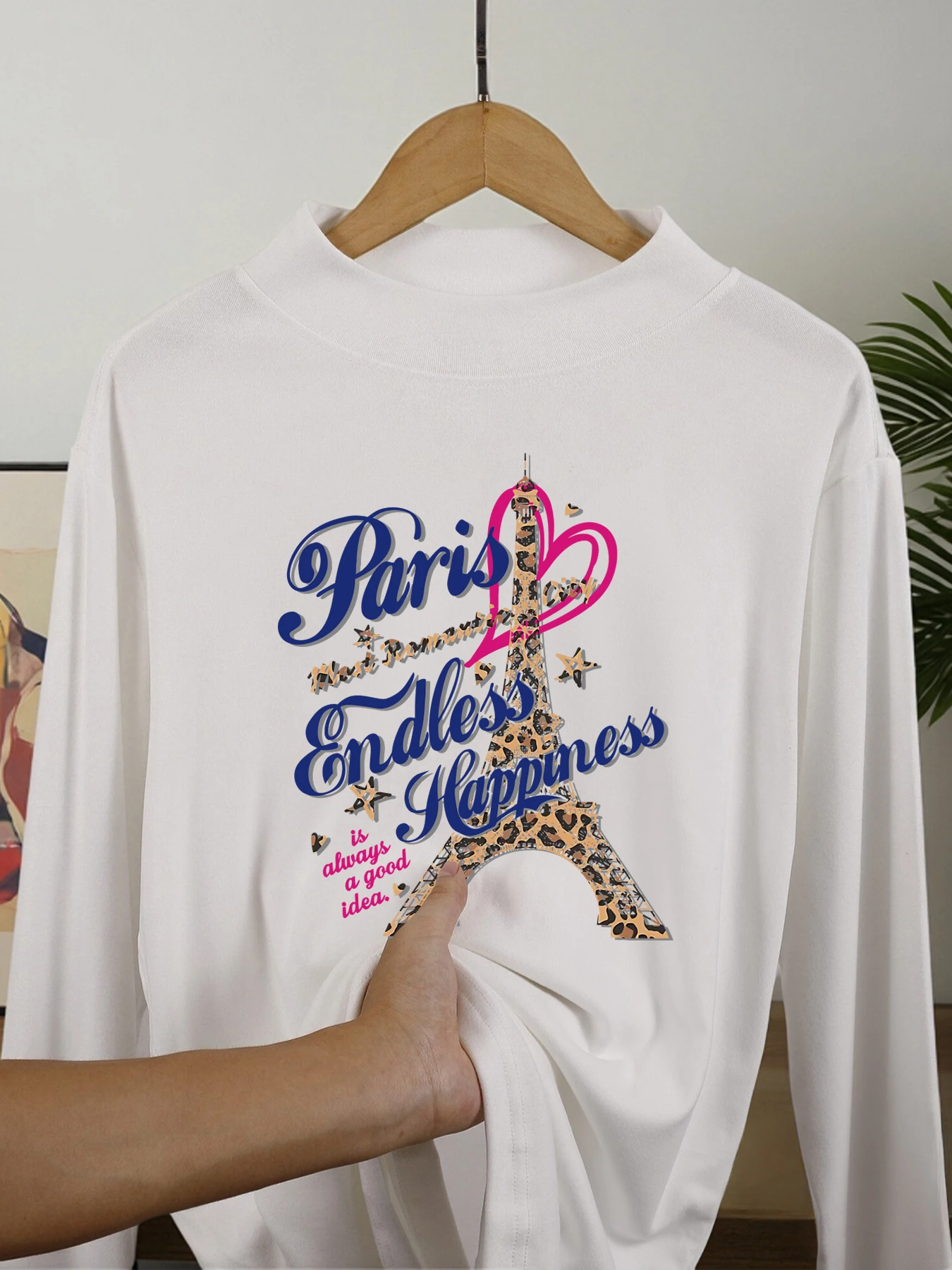 

Парижская футболка с принтом «Самый романтический город», женская осенняя базовая рубашка, повседневная уличная одежда с полувысоким воротником, эластичная флисовая одежда Y2K