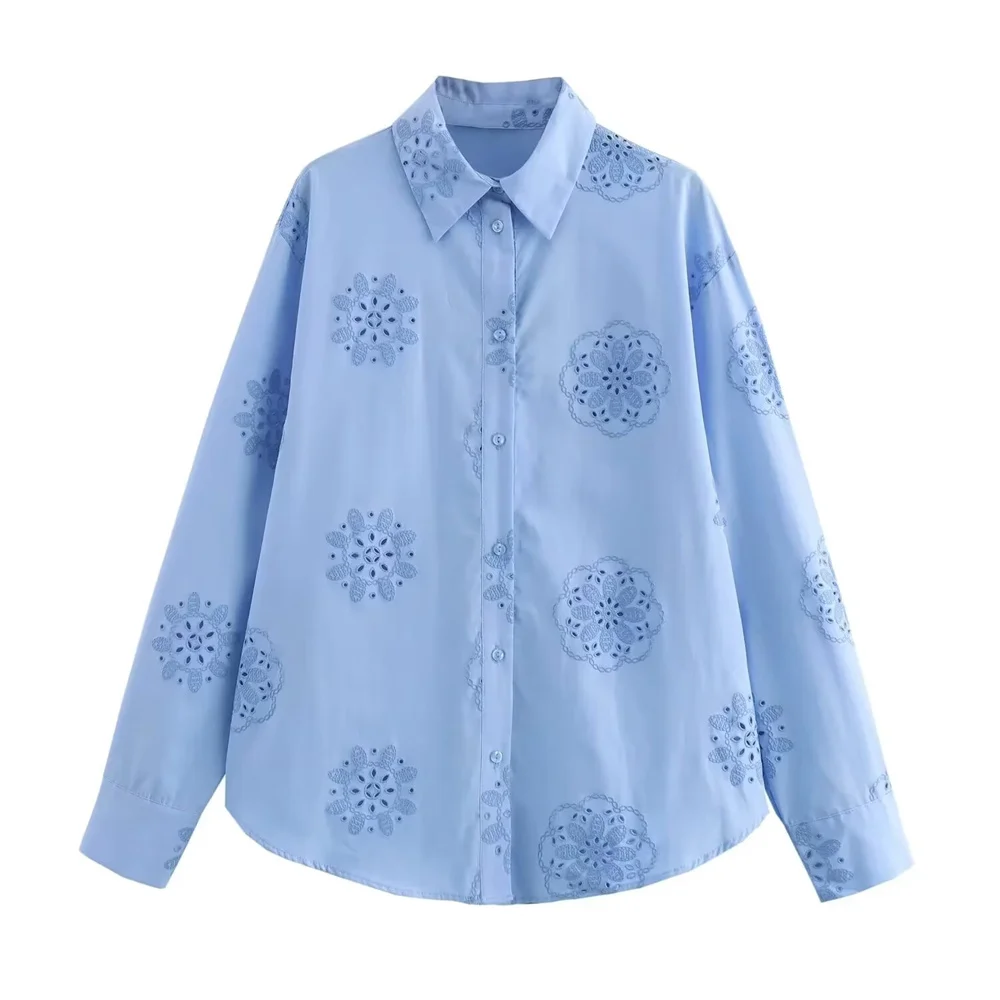 2024 ZAR4 Summer New Women\'s Style Versatile Pressure Glue Embroidery Decoration Poplin Shirt