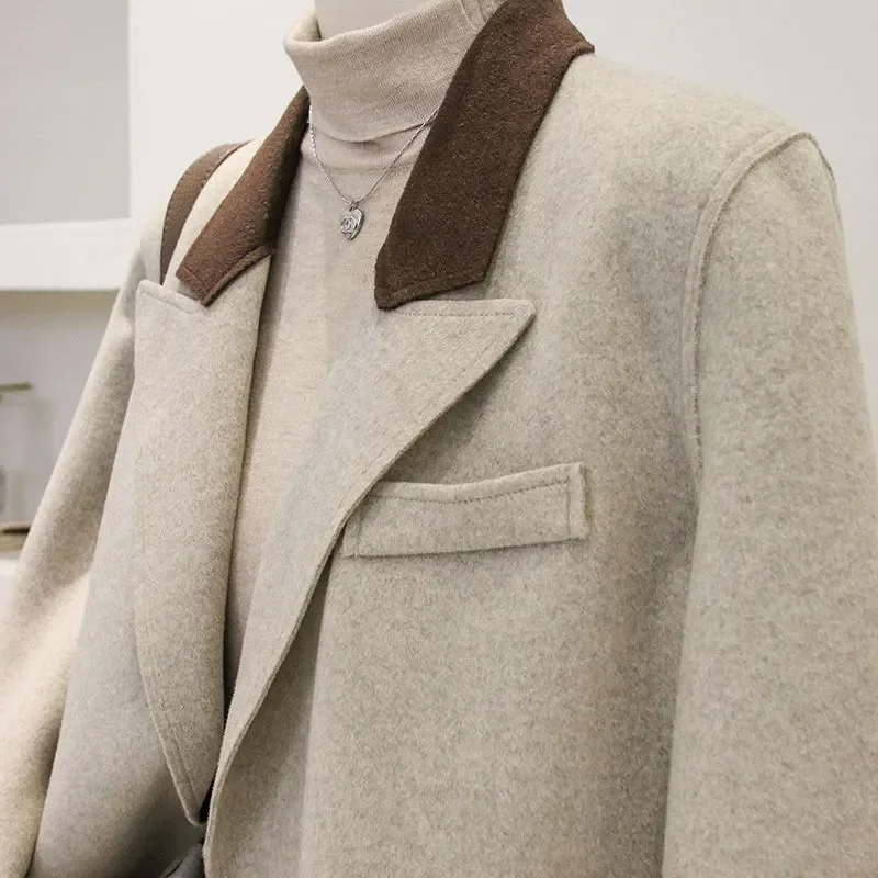 DAYIFUN Autumn Winter Jackets Warm Thicken Wool Blends Notched Double Breasted Fashion Tops Elegant All-match Fashion Suit Coat