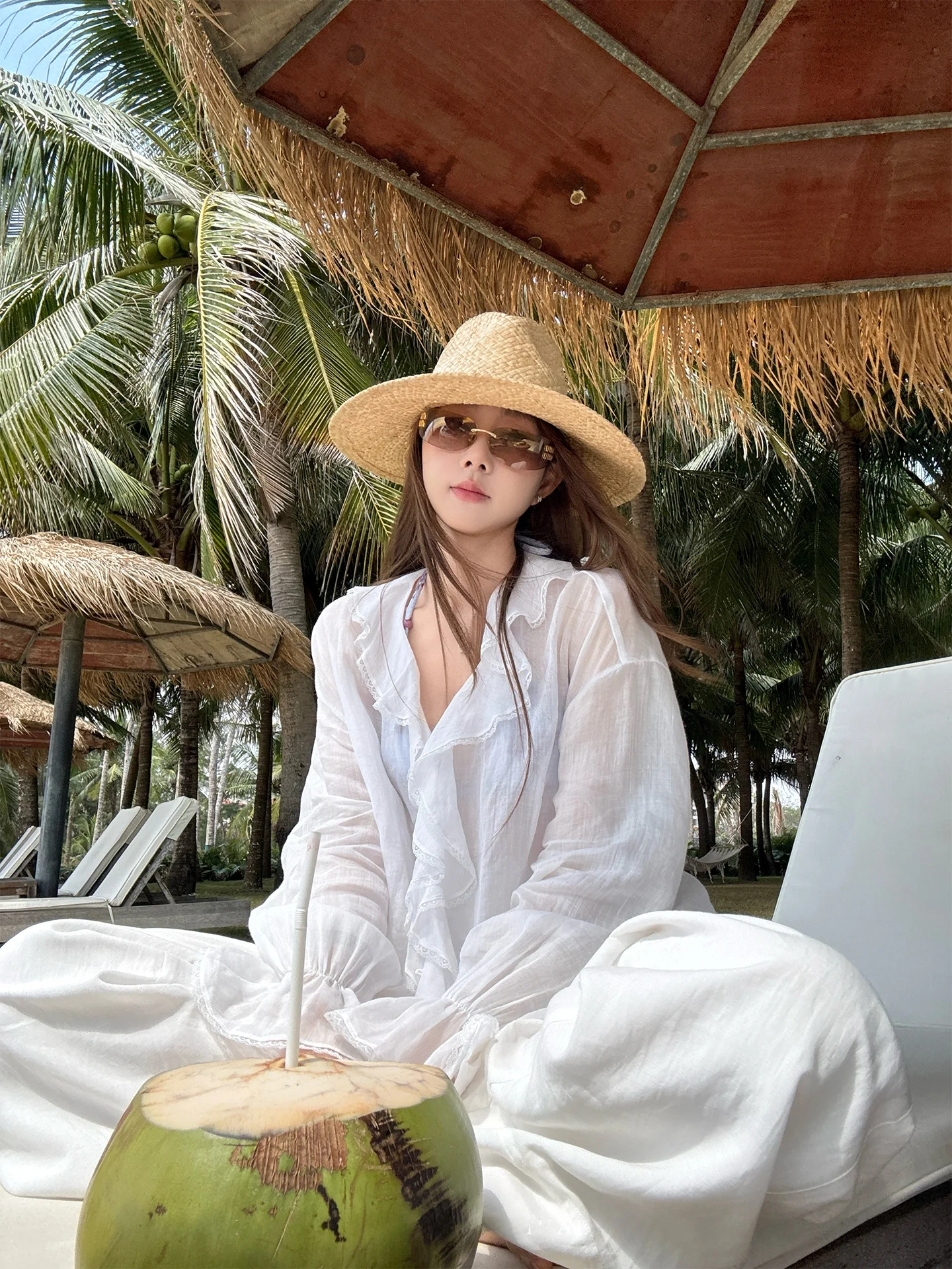 

Elegant Long Sleeve Breathable Linen Shirt Iris Lumina Women's Fashion Spring Airy Comfortable Loose Fit Floral Trim Top