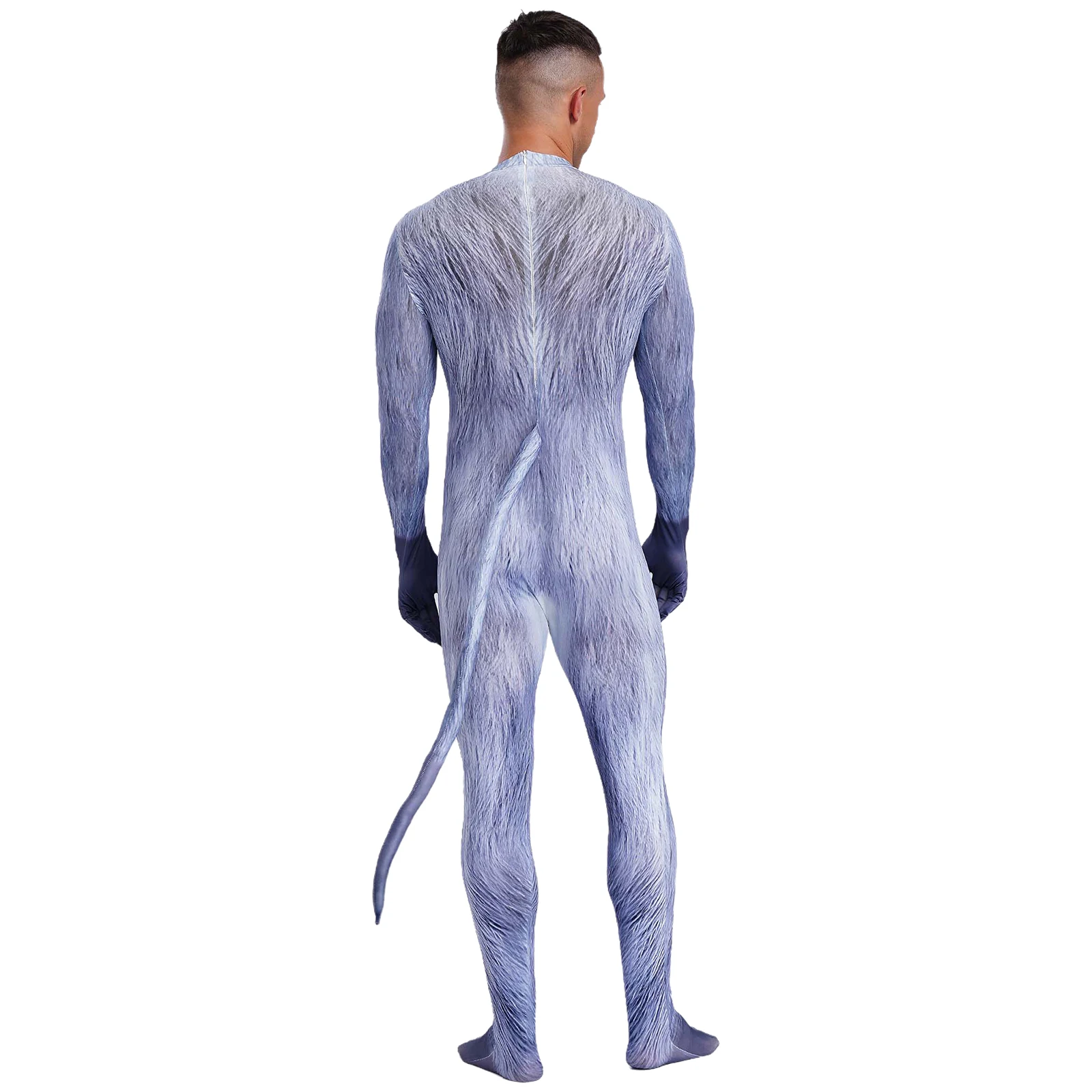 Men 3D Printed Animal Bodysuit Gloved Sleeve Jumpsuit Cosplay Costume Padded Tail Zipper Jumpsuits Catsuit for Halloween Parties