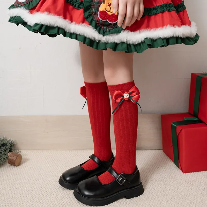 Kids Children's Red Green Stockings  for Girls Boys Thicken Print Cotton  Baby Christmas Socks with Bowknot  Long Socks Stocking