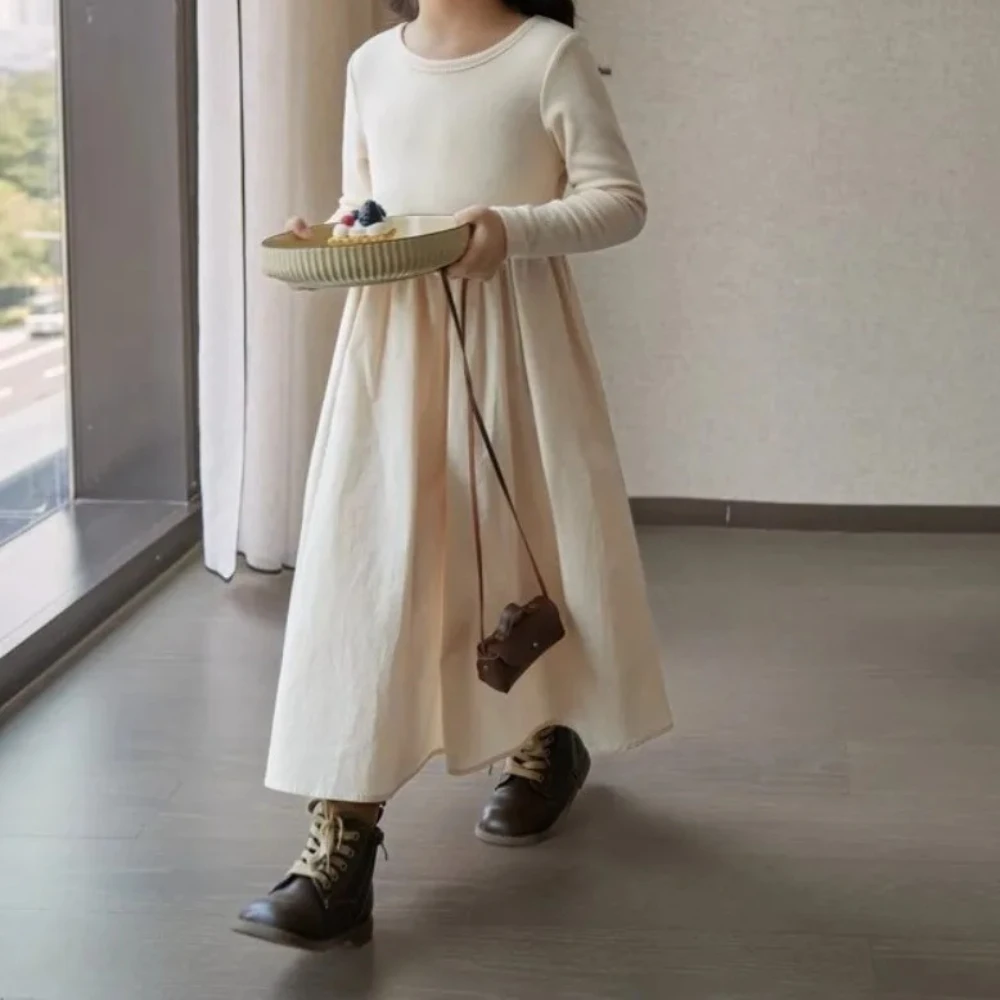 الخريف الفتيات عادية بسيطة طويلة الأكمام س الرقبة بلون فستان 1 قطعة 2-7 سنوات الاطفال موضة الملابس الحلوة #3