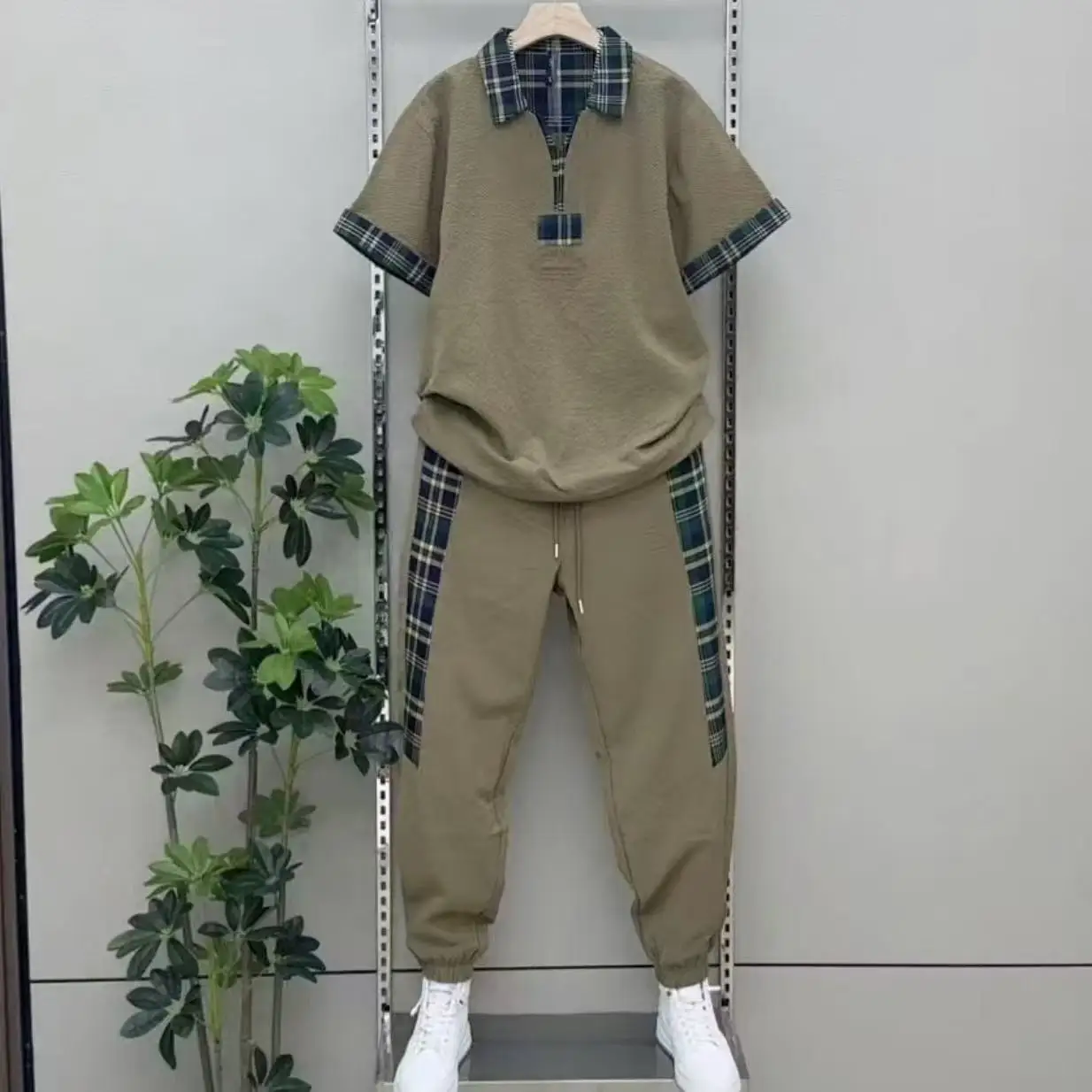 2025 Summer New American Leisure Splicing Set Men's Fashion Plaid Outdoor Sports Short Sleeve Handsome Haren Pants 2pcs