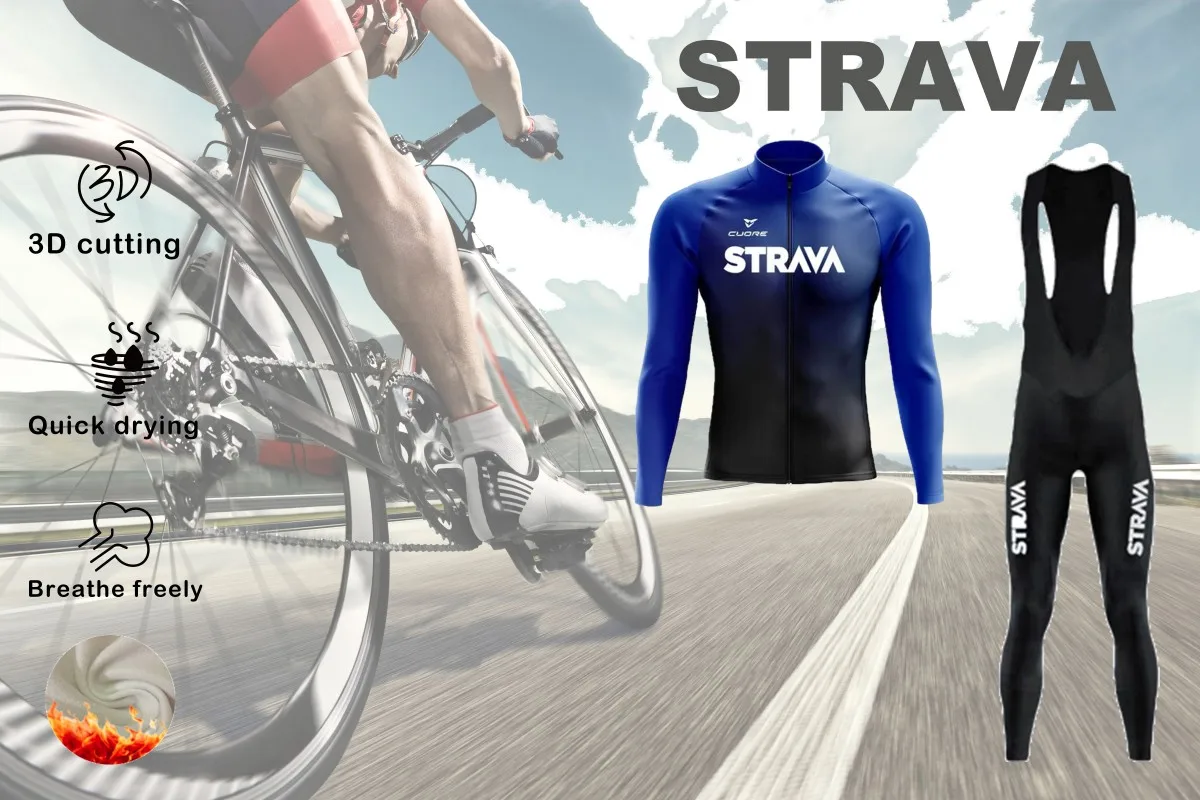 STRAVA Cycling Men's Winter Long Sleeve Bib Suit Warm Cycling Jacket Jersey Long Sleeve Mountain Road Bike Christmas Gift