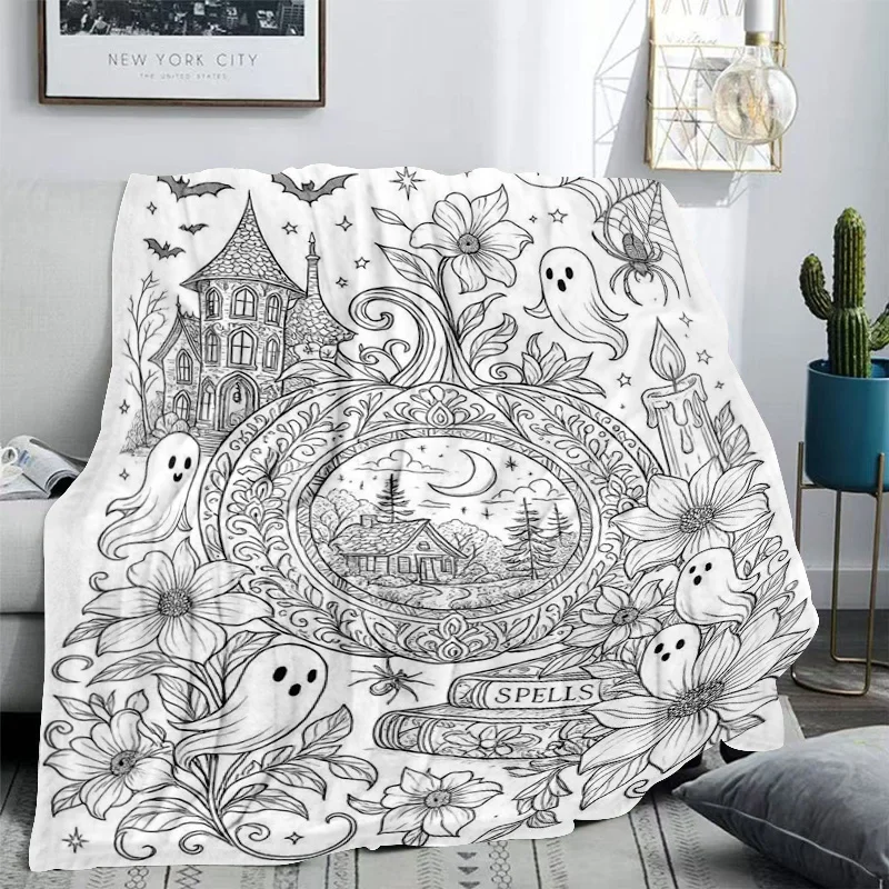 Healing Halloween Ghost Pumpkin Line Art Coloring Flannel Blanket Warm Soft Cozy Throw Blanket Couch Bed Decor