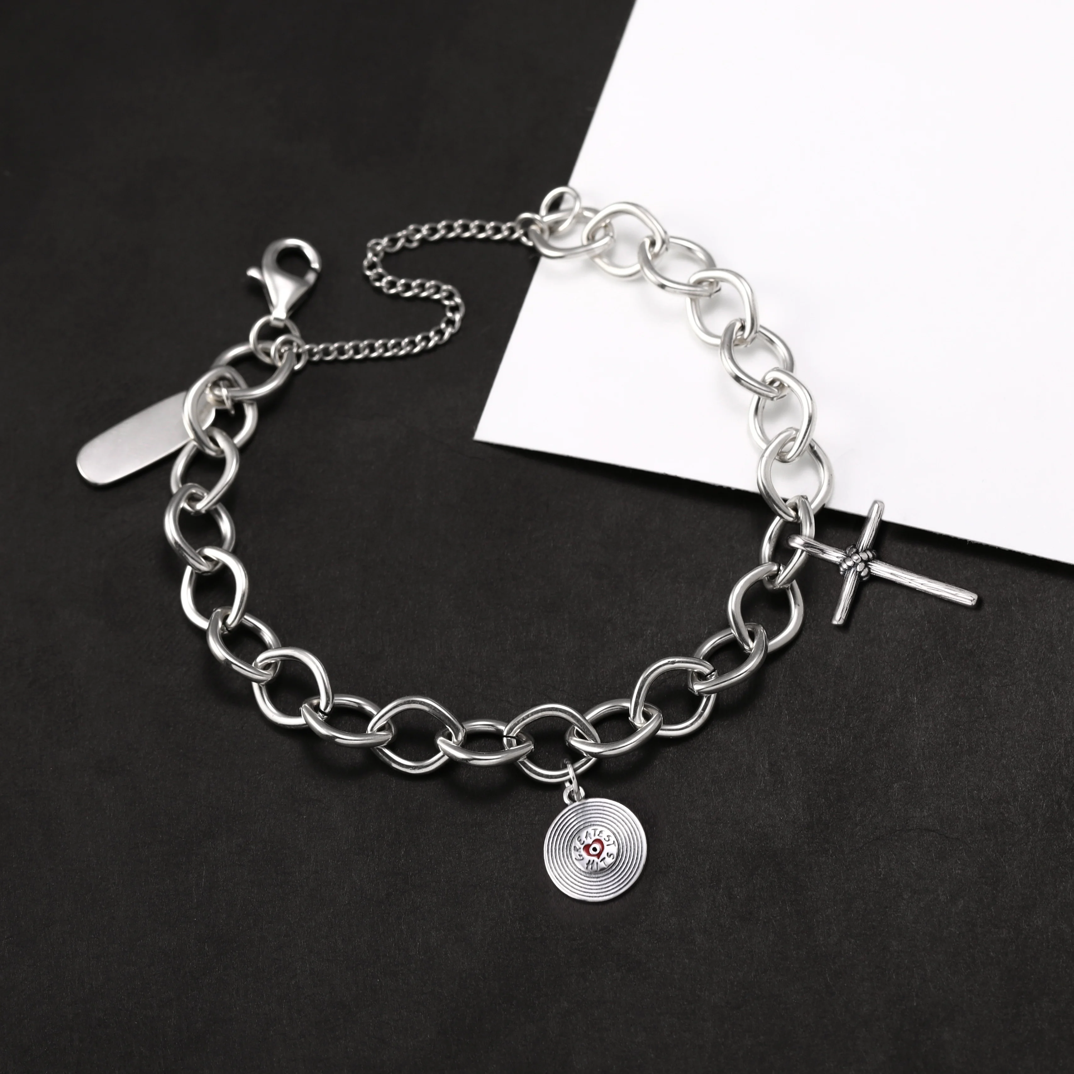 

Genuine 925 sterling silver Forged Link Charm Bracelet paired with Selected album "Enamel" and cross pendant