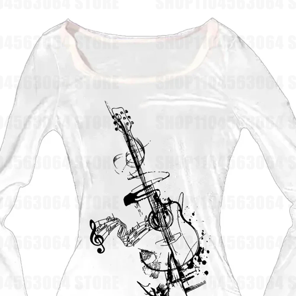 เสื้อยืดสีขาวทรงเข้ารูปสำหรับผู้หญิง ฤดูใบไม้ร่วงและฤดูหนาวใหม่ พิมพ์ลายเรขาคณิต คอกลม