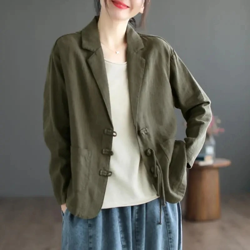 Retro Button Cotton Linen Suit Jacket Women\'s Spring Autumn 2024 New Loose Thin Chinese Style Suit Coat Fashion Outerwear Tops