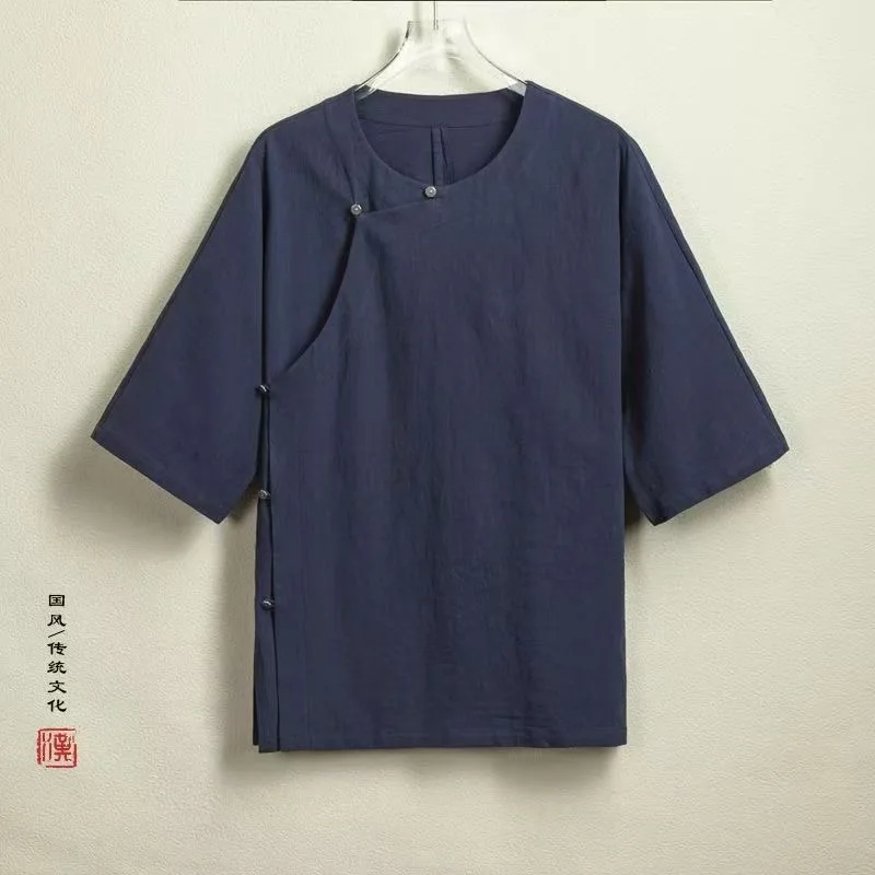 

Slim Fit Short Sleeve Shirt Pure Color Traditional Chinese Style Tang Suit Hanfu Retro Collar Design Polyester Fiber Summer Top
