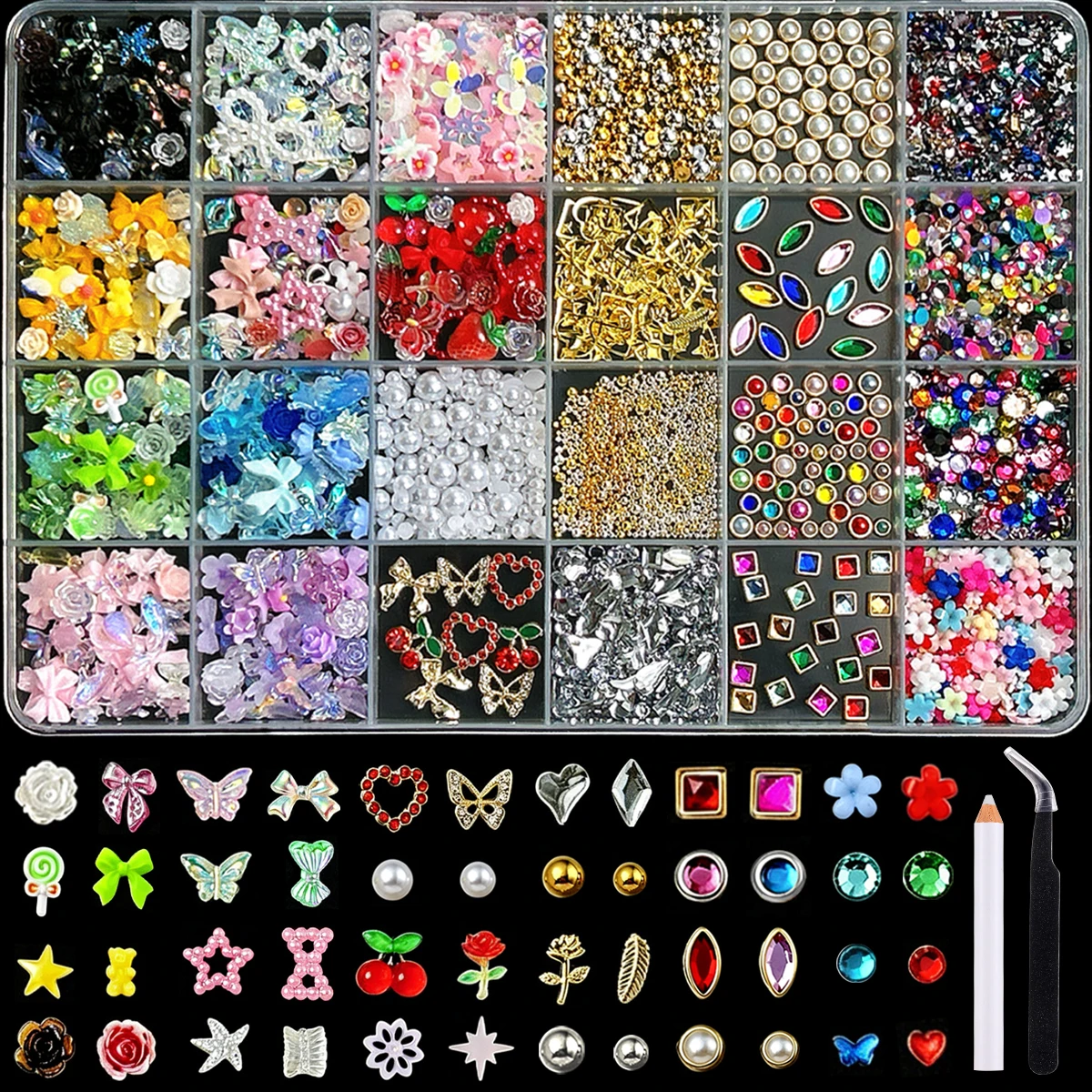 

1Box Exquite Alloy Heart Bow Mini Bead Nails Charms Colorf Flower Rhinestones Inlaid Nails Art Decorations for DIY Nails Crafts