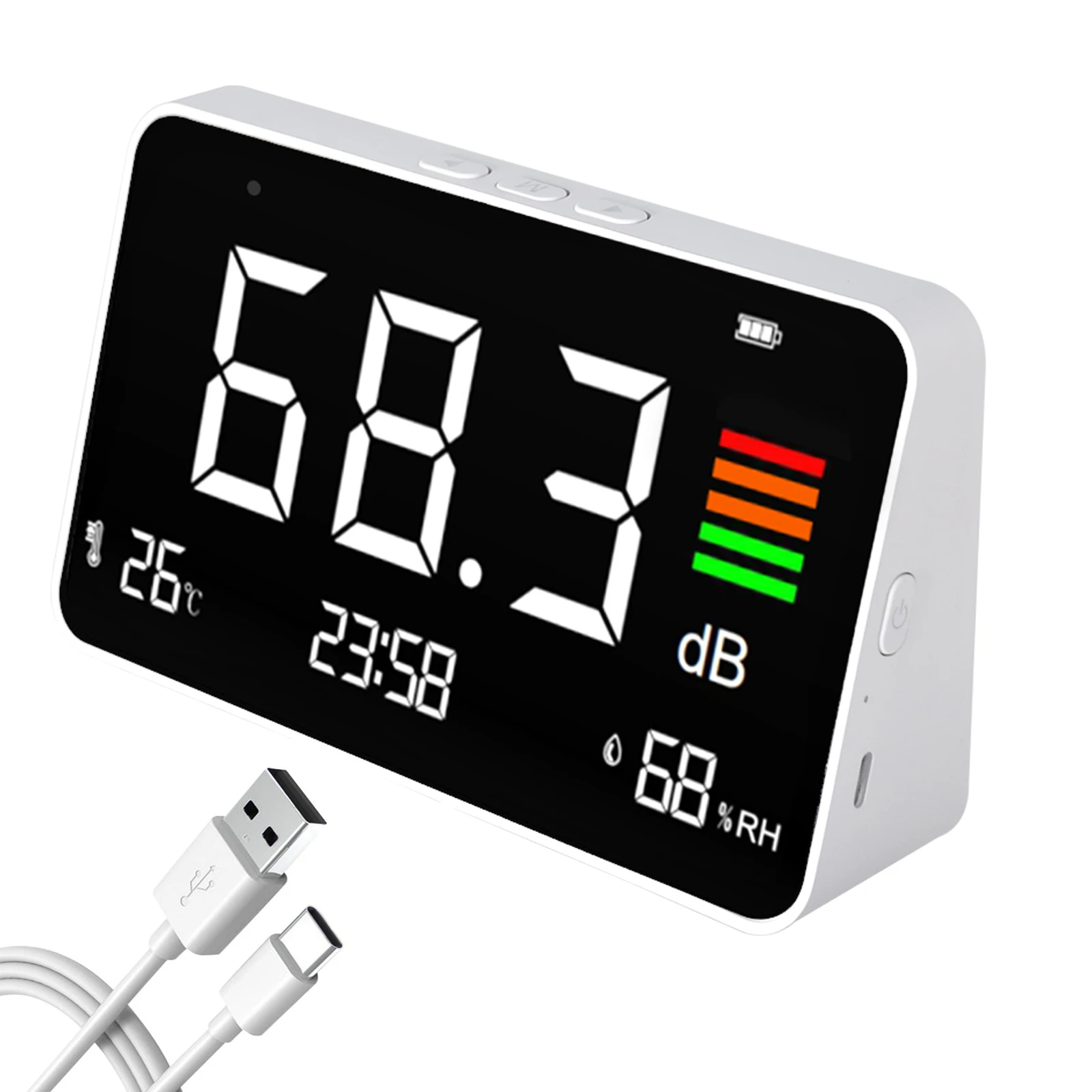

Smart Decibel Meter 30-130dB Audio Noise Level Monitor with Temperature Humidity Time LED Screen for Baby Room Studio