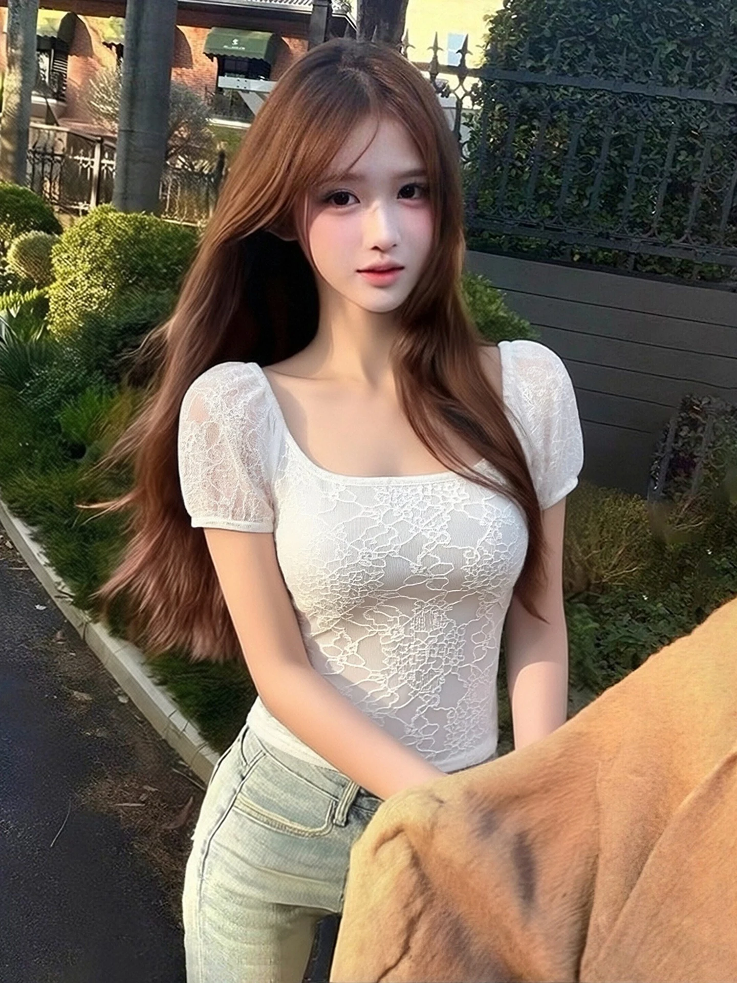 

Allure White Lace Design Gentle Wind Top Women's Fashion 2026 New Style KAISIO High Waist Slim Fit Short Sleeve Casual Shirt