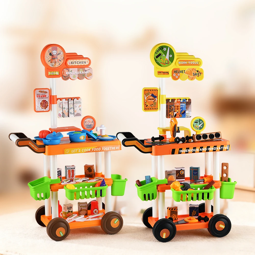 عربة الطب، عربة الملابس، عربة المطبخ، عربة الأدوات، لعبة مسرح الأطفال تتضمن ملحقات مقلدة وملصقات DIY #5
