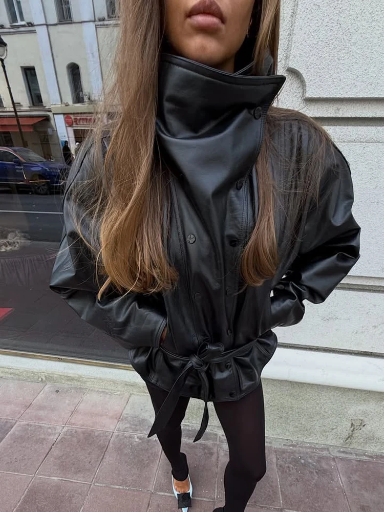 Solid Belted Wrap Collar Faux Leather Jacket Grunge High Neck Long Sleeve Loose Outerwear 2026 Autumn New Street Office Outfit